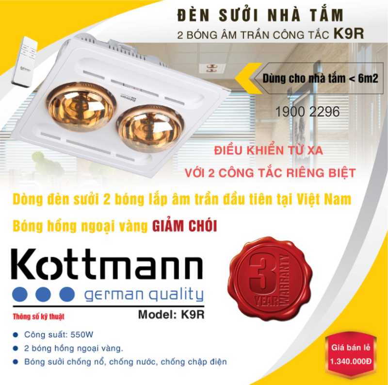 Đèn Sưởi Nhà Tắm Kottmann K9R 2 Bóng Âm Trần​